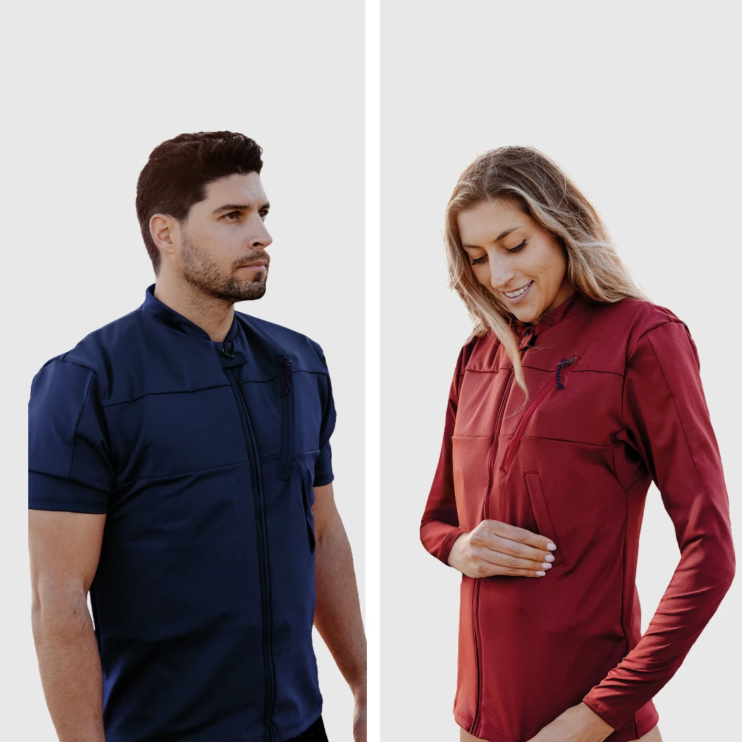 Floatee, le tee-shirt anti-noyade pour adultes est disponible en manches courtes ou longues, en couleur bleue ou rouge, en 5 tailles et à déclenchement manuel ou automatique