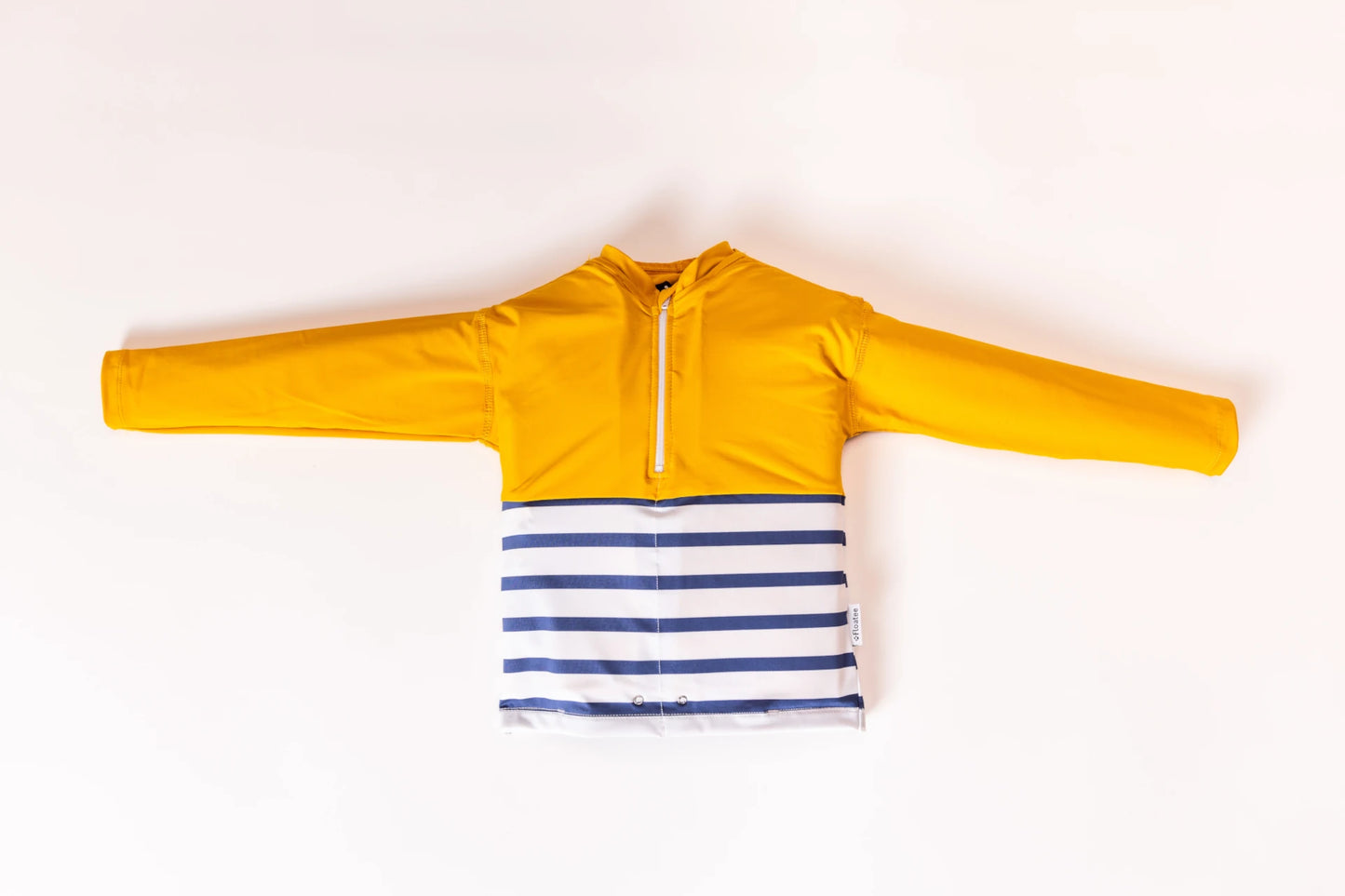 Tee-shirt anti-noyade pour enfant Floatee, manches longues, vue packshot, marinière en bas et jaune en haut