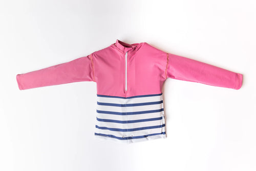 Tee-shirt anti-noyade pour enfant Floatee, manches longues, vue packshot, marinière en bas et rose en haut