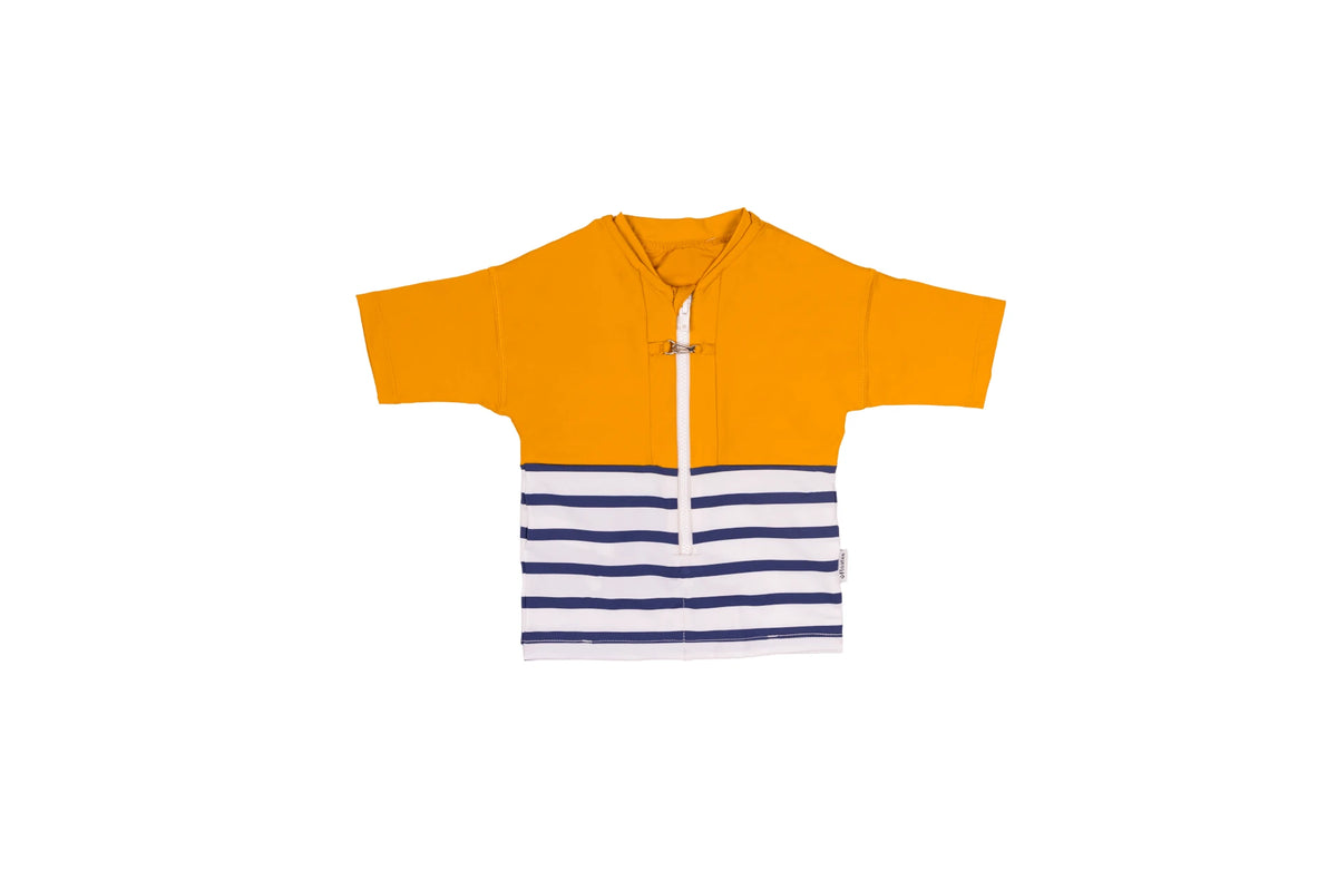 Tee-shirt anti-noyade pour enfant Floatee, manches courtes, vue packshot, marinière en bas et jaune en haut