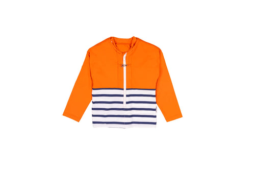 Tee-shirt anti-noyade pour enfant Floatee, manches longues, vue packshot, marinière en bas et orange en haut