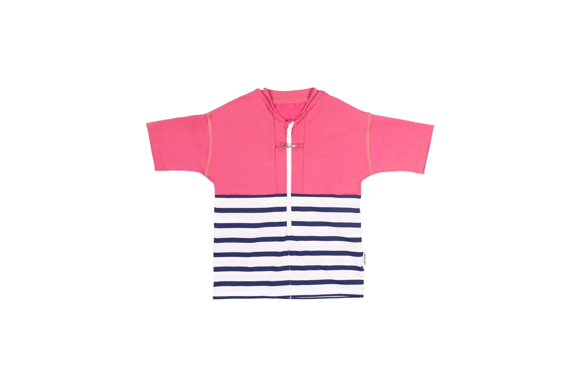 Tee-shirt anti-noyade pour enfant Floatee, manches courtes, vue packshot, marinière en bas et rose en haut