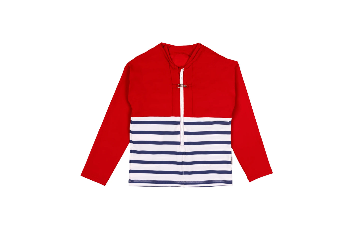 Tee-shirt anti-noyade pour enfant Floatee, manches longues, vue packshot, marinière en bas et rouge en haut