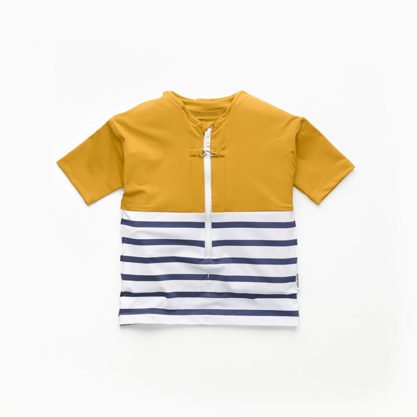 Tee-shirt anti-noyade enfant Floatee, bas marinière et haut jaune, manches courtes