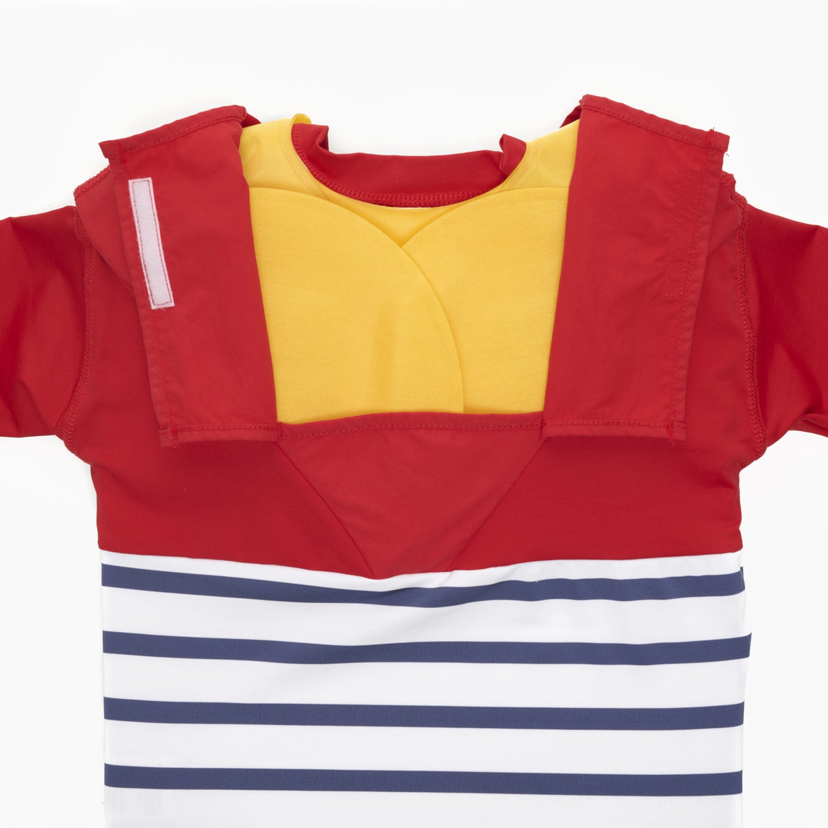 verso du tee-shirt anti-noyade Floatee rouge, ouvert afin de voir le poumon gonflable plié dans le tee-shirt