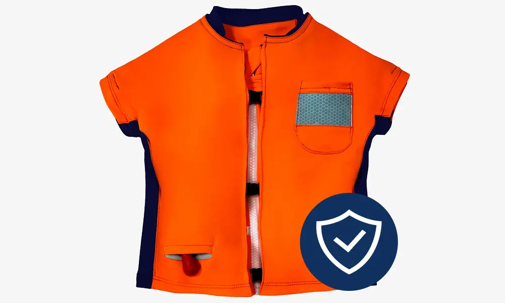 Gilet de sauvetage enfant Floatee A100, vue produit seule, avec logo de vérification maintenance