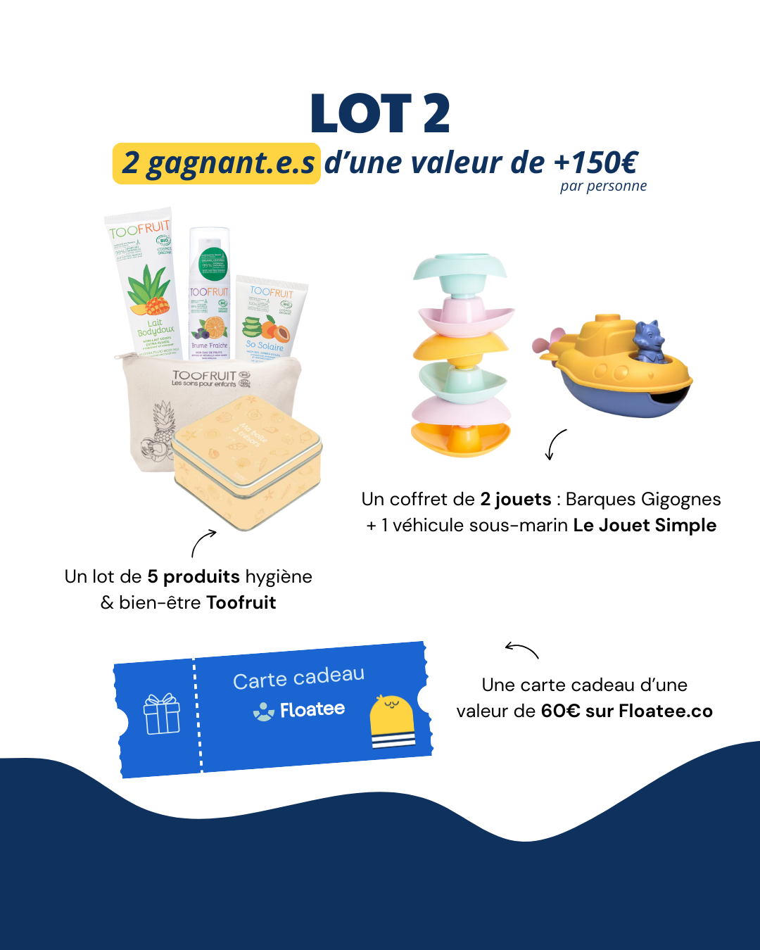 Jeu concours Floatee x Toofruit x Le Jouet Simple : lot 2 pour 2 gagnants, constitué d'un bon d'achat de 60€ sur le site Floatee, 5 produits bien-être Toofruit et 1 coffret de 2 jouets Le Jouet Simple