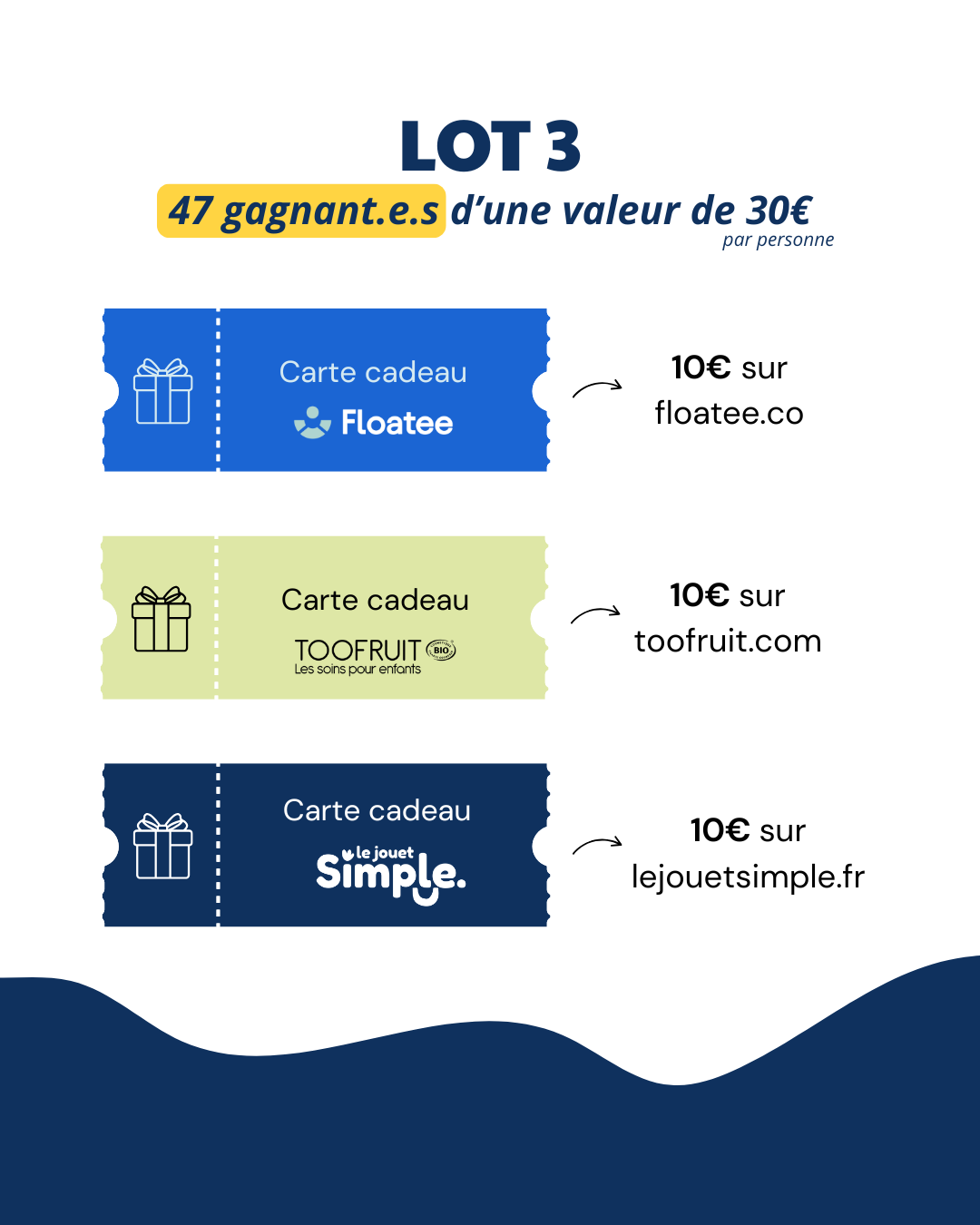 Jeu concours Floatee x Toofruit x Le Jouet Simple : lot 3 pour 47 gagnants, constitué de 3 bons d'achat de 10€ chacun sur chacun des 3 sites