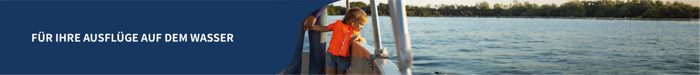Collection Floatee enfant, section gilet de sauvetage avec petite fille sur bateau regardant vers l'eau, version desktop DE