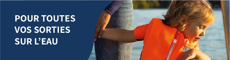 Collection Floatee enfant, section gilet de sauvetage avec petite fille sur bateau regardant vers l'eau, version mobile FR